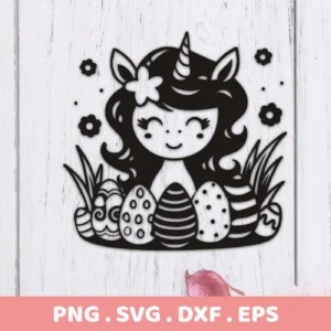 Black silhouette of a cute Easter Unicorn SVG Cricut design with Easter eggs and flowers, a digital download bundle (SVG, PNG).
