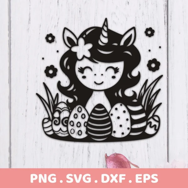 Black silhouette of a cute Easter Unicorn SVG Cricut design with Easter eggs and flowers, a digital download bundle (SVG, PNG).