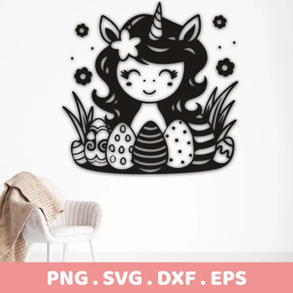 Black and white line art of a cute Easter Unicorn SVG Cricut design, featuring a smiling unicorn girl with a flower in her hair, surrounded by decorated Easter eggs and grass, available as a digital download bundle (SVG, PNG).
