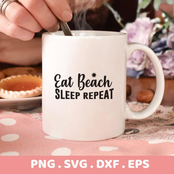 A white mug with the text "Eat Beach Sleep Repeat" is shown, representing an "Eat Beach Sleep SVG" digital download bundle including SVG and PNG files.