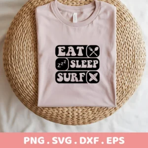 A folded light pink t-shirt with the text "Eat Sleep Surf" stacked vertically in black rounded rectangles, with a fork and spoon icon for "Eat," "Zzz" for "Sleep," and crossed surfboards for "Surf," displayed on a woven round mat; this is a digital download bundle including SVG and PNG files.