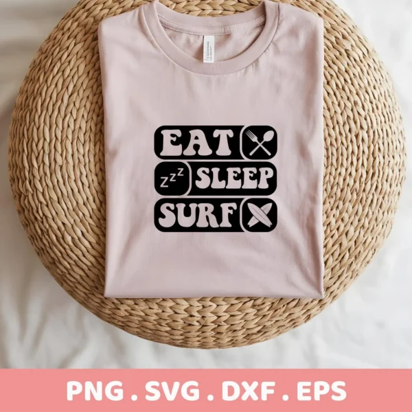 A folded light pink t-shirt with the text "Eat Sleep Surf" stacked vertically in black rounded rectangles, with a fork and spoon icon for "Eat," "Zzz" for "Sleep," and crossed surfboards for "Surf," displayed on a woven round mat; this is a digital download bundle including SVG and PNG files.