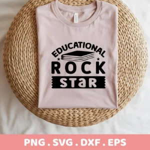 A light pink t-shirt with the text "Educational Rockstar" and a book graphic is displayed on a woven surface, showcasing a digital download bundle for crafts.