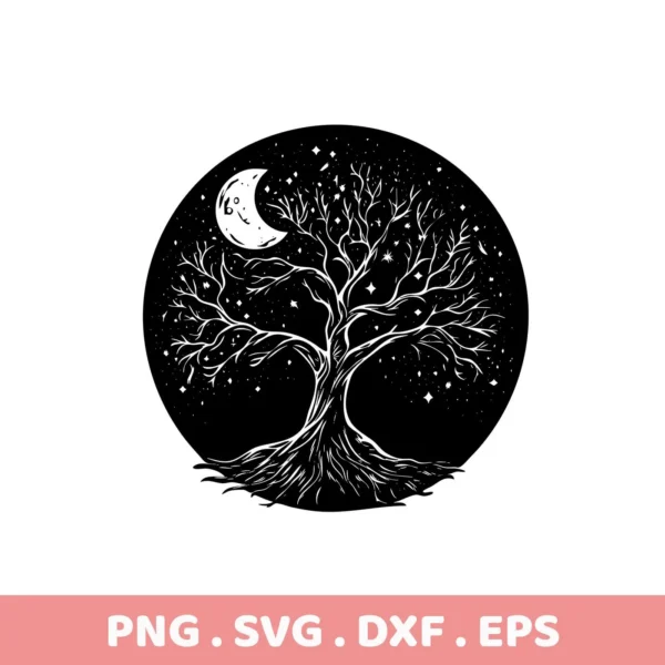 Black and white Mother's Tree SVG Design depicting a stylized tree with exposed roots against a starry night sky and crescent moon, available as a digital download bundle including SVG and PNG formats.