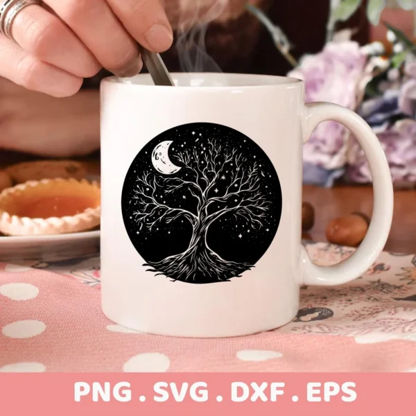 Close-up of a white mug featuring a Mother's Tree SVG Design, depicting a stylized tree with roots, branches reaching towards a crescent moon and stars, available as a digital download bundle (SVG, PNG).