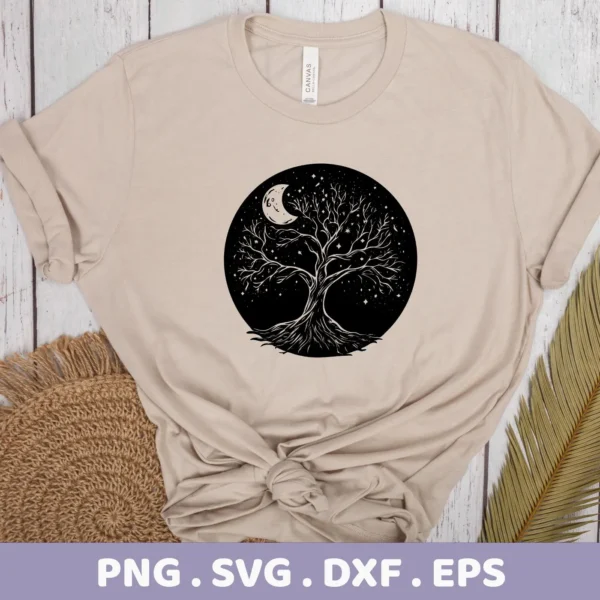 A beige t-shirt displays a Mother's Tree SVG Design, featuring a black circle containing a stylized tree with roots, branches reaching towards a crescent moon and stars; this is a digital download bundle including SVG and PNG files.