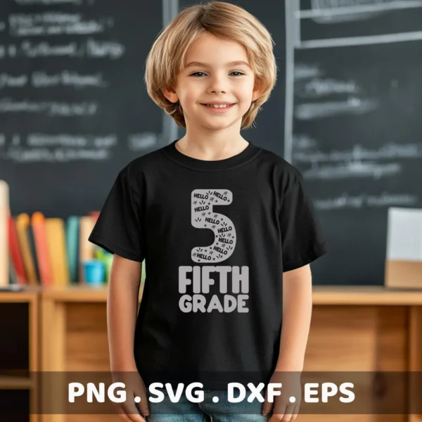 A smiling child models a black t-shirt with a "Fifth Grade" SVG design featuring a number five filled with "Hello" graphics, indicating a digital download bundle including SVG and PNG files.