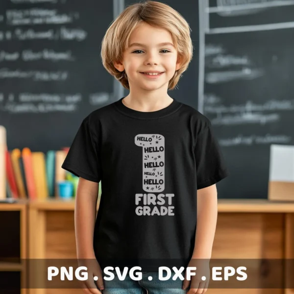 A young boy smiles wearing a black t-shirt with a "First Grade SVG Design" featuring the number one filled with "hello" text and stars, indicating a digital download bundle including SVG and PNG files.