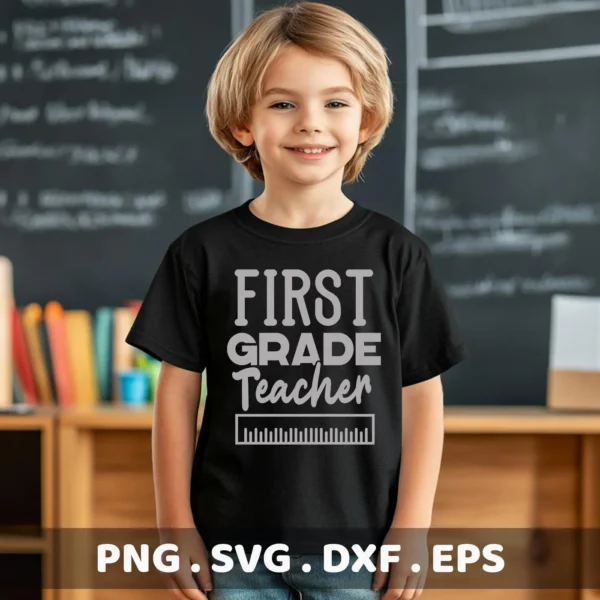 A young child smiles wearing a black t-shirt with the text "First Grade Teacher" and a ruler graphic, representing a digital download bundle including SVG and PNG files.