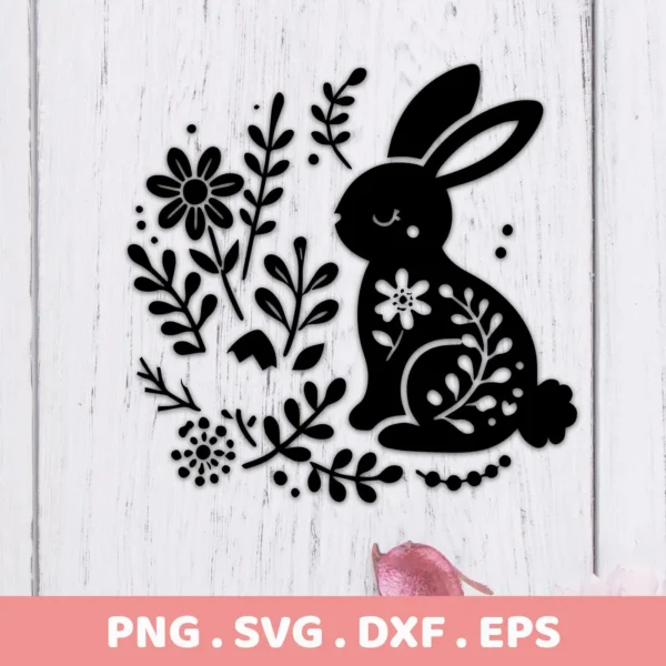 Black silhouette of a floral bunny SVG Cricut design surrounded by flowers and leaves, offered as a digital download bundle in SVG, PNG, DXF, and EPS formats.