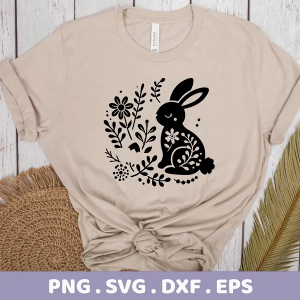 A beige t-shirt displays a black floral bunny SVG Cricut design, indicating a digital download bundle including SVG and PNG formats.