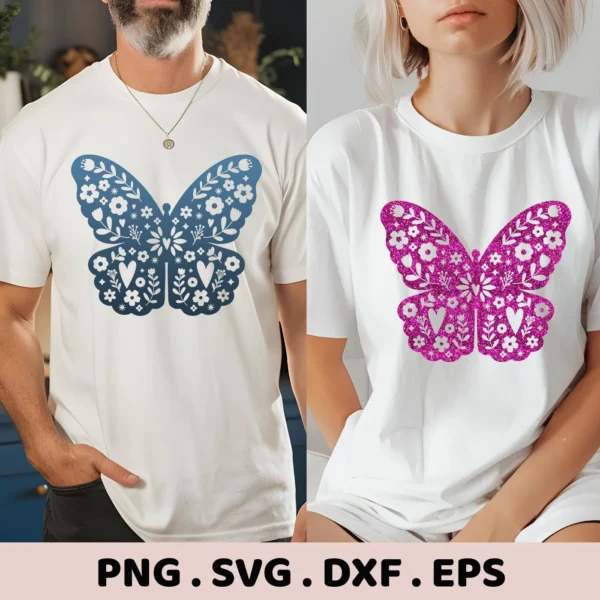Two people wearing white t-shirts, each featuring a floral butterfly SVG Cricut design, showcasing a digital download bundle (SVG, PNG).