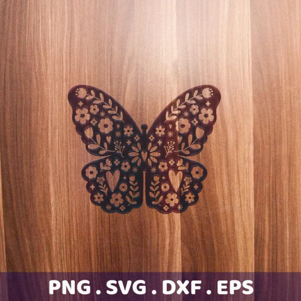 A floral butterfly SVG Cricut design, a digital download bundle including SVG and PNG files, is displayed against a woodgrain background.
