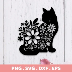 Black floral cat silhouette SVG digital download bundle (SVG, PNG) featuring a stylized cat filled with floral designs.