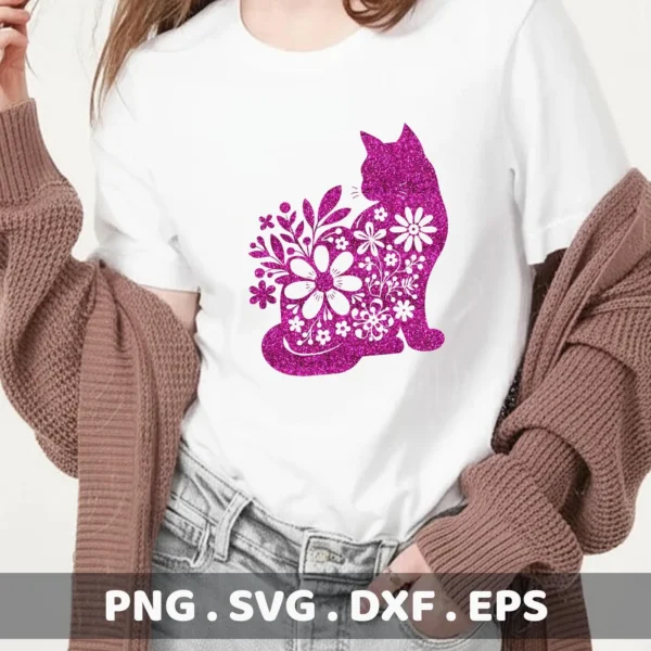 A white t-shirt displays a glittery purple floral cat silhouette SVG design, part of a digital download bundle including PNG, DXF, and EPS formats.