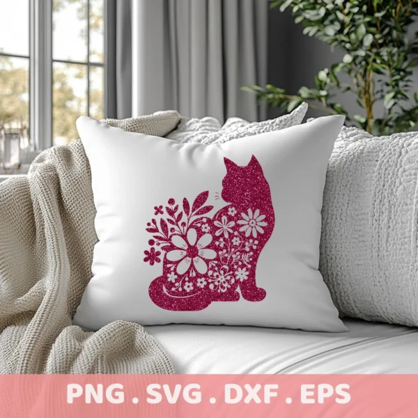 A white pillow on a couch displays a maroon, glittery Floral Cat Silhouette SVG design, part of a digital download bundle including PNG, DXF, and EPS formats.