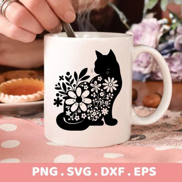 A white mug displays a black Floral Cat Silhouette SVG design, indicating a digital download bundle including SVG and PNG files.