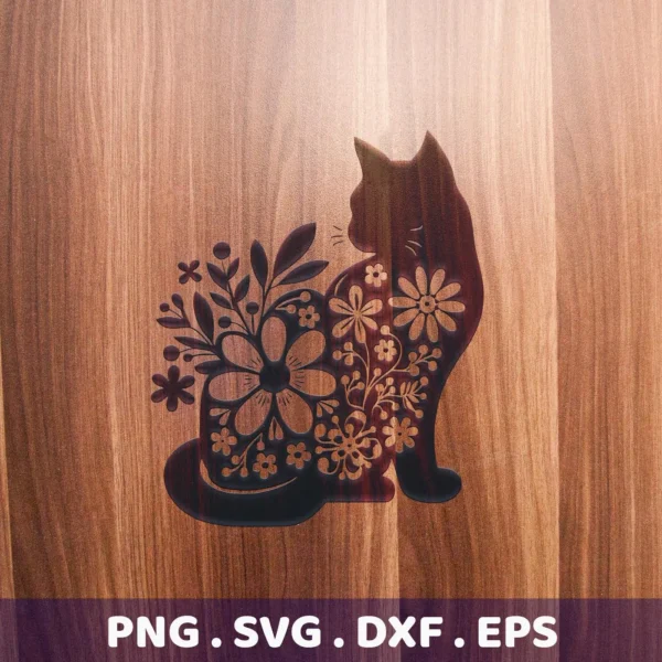 Floral Cat Silhouette SVG digital download bundle (SVG, PNG) featuring a cat silhouette filled with floral designs, displayed on a wood-grain background.