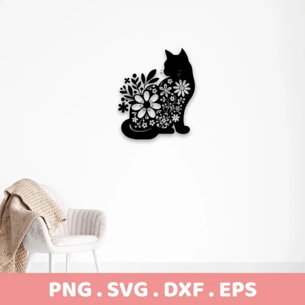 Floral Cat Silhouette SVG, a digital download bundle (SVG, PNG) featuring a black cat silhouette adorned with floral designs.