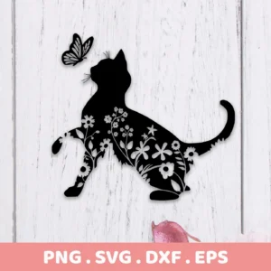 A black Floral Cat Silhouette SVG digital download bundle (SVG, PNG) featuring a cat silhouette filled with floral designs and a butterfly.