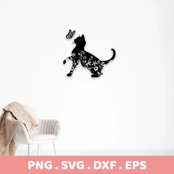 A floral cat silhouette SVG digital download bundle (SVG, PNG) featuring a black cat silhouette with floral patterns inside, reaching for a butterfly.