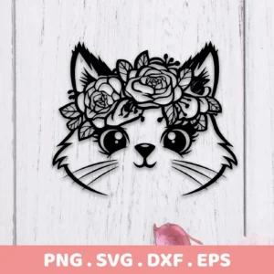 Black and white line art of a cute cat face wearing a floral crown, available as a Floral Cat SVG Cricut Design digital download bundle (SVG, PNG).