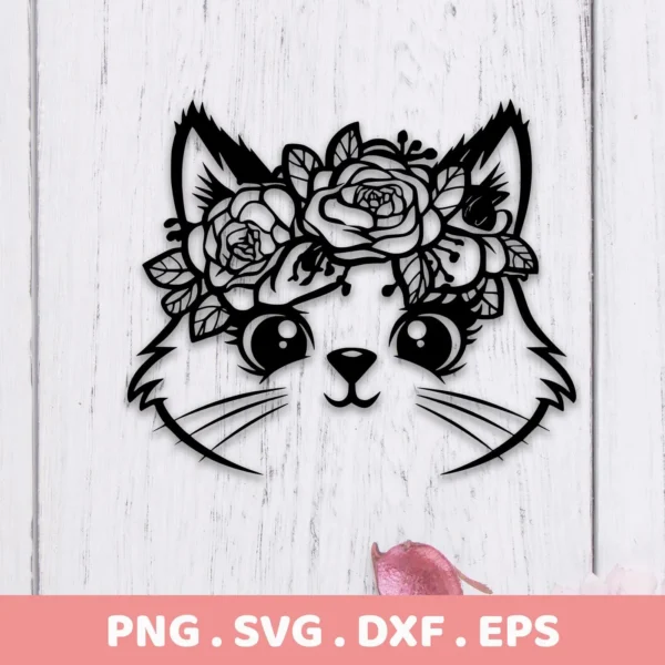 Black and white line art of a cute cat face wearing a floral crown, available as a Floral Cat SVG Cricut Design digital download bundle (SVG, PNG).