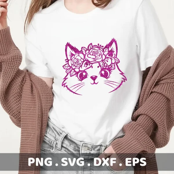 A pink glittery floral cat SVG Cricut design, featuring a cute kitty face adorned with a flower crown, showcased on a white t-shirt; this is a digital download bundle including SVG and PNG files.