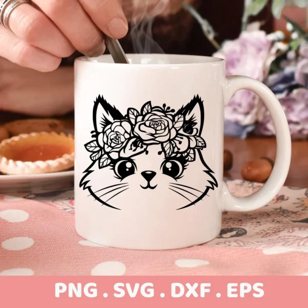 Close-up of a white mug featuring a black line art design of a cute cat face wearing a floral crown, representing a Floral Cat SVG Cricut Design digital download bundle (SVG, PNG).