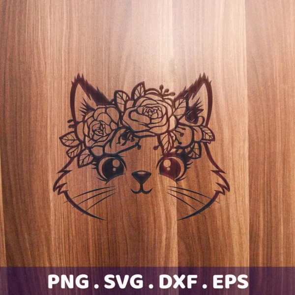 A stylized floral cat SVG Cricut design, featuring a cute cat face with a flower crown, available as a digital download bundle including SVG and PNG formats.