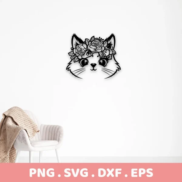 Black silhouette of a floral cat SVG Cricut design, a digital download bundle including SVG and PNG files, featuring a cute kitty face adorned with a flower crown.
