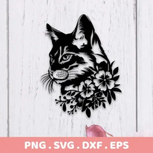 Black silhouette of a cat's head and neck adorned with flowers, a Floral Cat SVG Cricut digital download bundle (SVG, PNG).