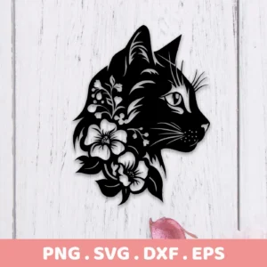 Black floral cat silhouette SVG digital download bundle (SVG, PNG) featuring a cat's head in profile adorned with floral designs.