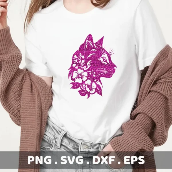A woman wears a white t-shirt with a sparkly pink floral cat silhouette SVG design, showcasing a digital download bundle.