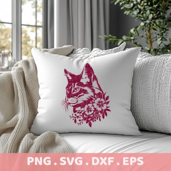 Close-up of a white pillow on a couch, featuring a glittery maroon floral cat design, representing a Floral Cat SVG Cricut digital download bundle (SVG, PNG, DXF, EPS).