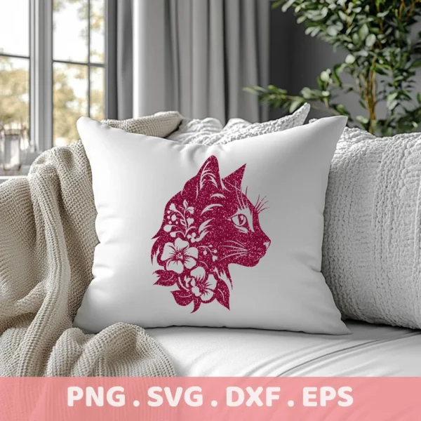 Close-up of a white pillow on a couch, featuring a floral cat silhouette SVG design in a digital download bundle (SVG, PNG).