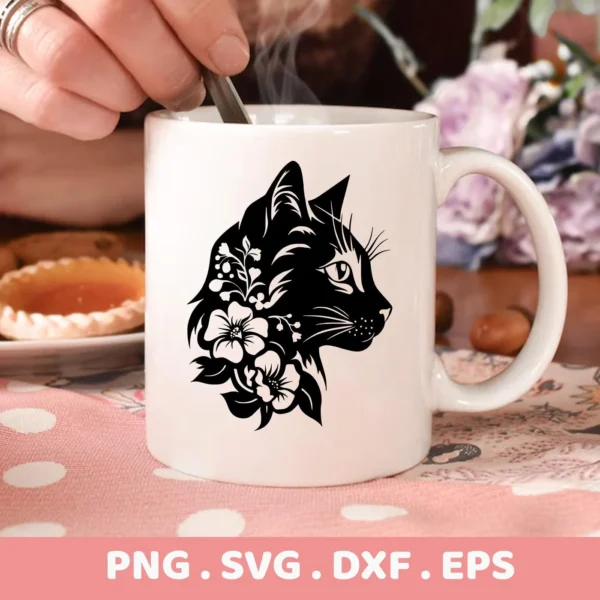 A white mug displays a black floral cat silhouette SVG design, representing a digital download bundle including SVG and PNG files.