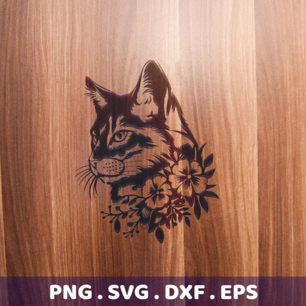 Floral Cat SVG Cricut design, a digital download bundle (SVG, PNG) featuring a cat's head with floral accents.