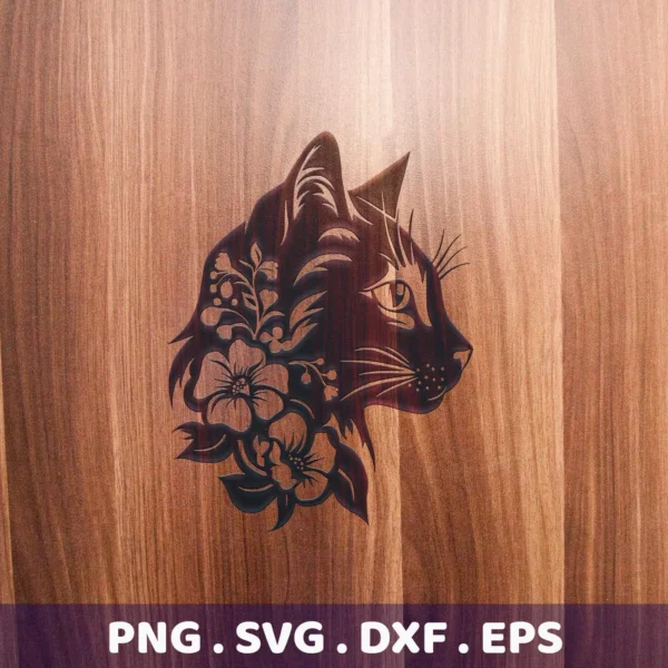 Floral Cat Silhouette SVG, a digital download bundle (SVG, PNG) featuring a cat's head in profile adorned with floral designs.