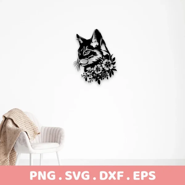 Black silhouette of a cat's head and neck adorned with flowers, shown as a digital download bundle including SVG and PNG formats.