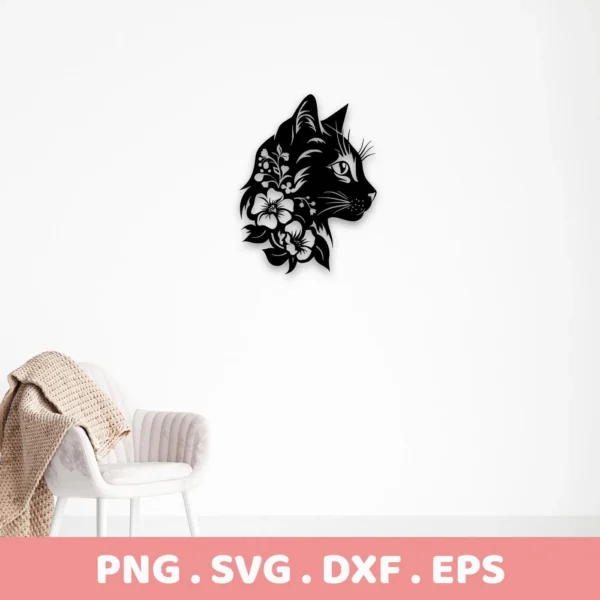 A black Floral Cat Silhouette SVG digital download bundle (SVG, PNG) featuring a cat's head in profile adorned with floral elements.