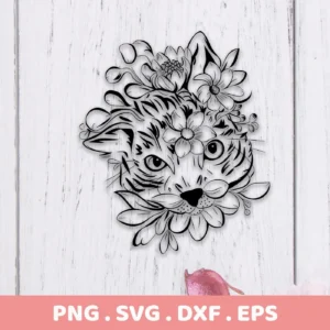 A stylized line art illustration of a cat's face adorned with flowers, representing a Floral Cat SVG Cricut Design digital download bundle (SVG, PNG).