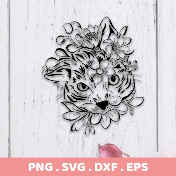 A stylized line art illustration of a cat's face adorned with flowers, representing a Floral Cat SVG Cricut Design digital download bundle (SVG, PNG).