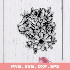 A Floral Cat Silhouette SVG File, a digital download bundle including SVG and PNG formats, depicting a cat's head in profile adorned with various flowers.