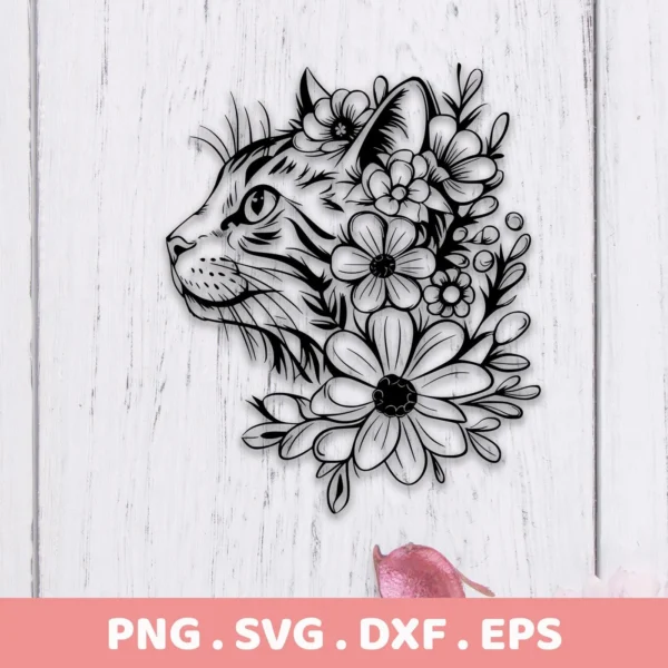 A Floral Cat Silhouette SVG File, a digital download bundle including SVG and PNG formats, depicting a cat's head in profile adorned with various flowers.