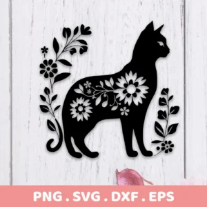 Black floral cat silhouette SVG digital download bundle with flowers and leaves on a white wood background.