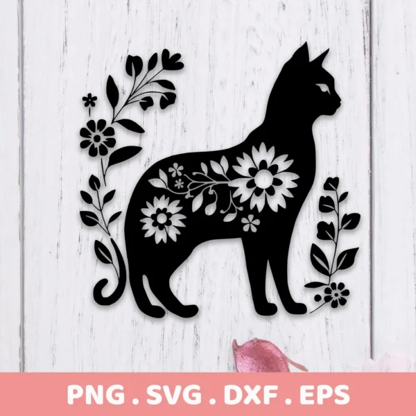 Black floral cat silhouette SVG digital download bundle with flowers and leaves on a white wood background.