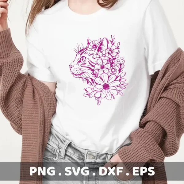 A white t-shirt displays a floral cat silhouette SVG file design in pink, showcasing a cat's head in profile intertwined with flowers; this is a digital download bundle including SVG and PNG formats.