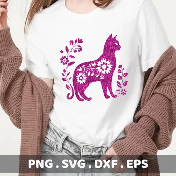 A white t-shirt displays a glittery pink floral cat silhouette SVG design, surrounded by floral elements; a digital download bundle.