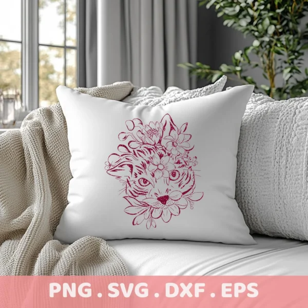 Close-up of a white pillow with a floral cat SVG Cricut design in red, showcasing a digital download bundle (SVG, PNG).
